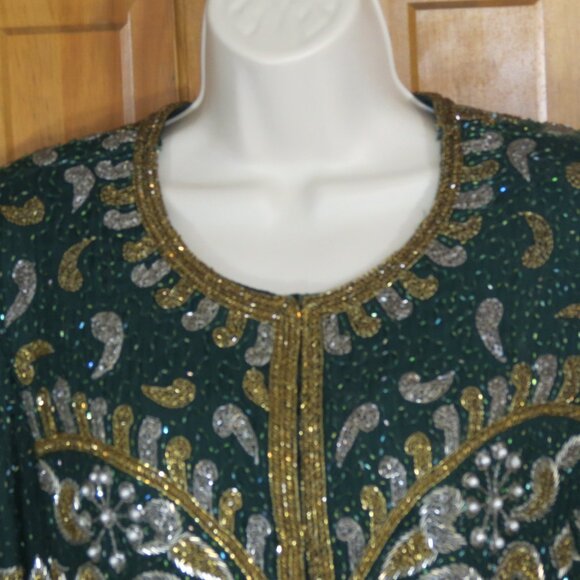 Laurence Kazar Green & Gold Vintage Beaded Silk Evening Cocktail Jacket Size XL - Picture 2 of 11
